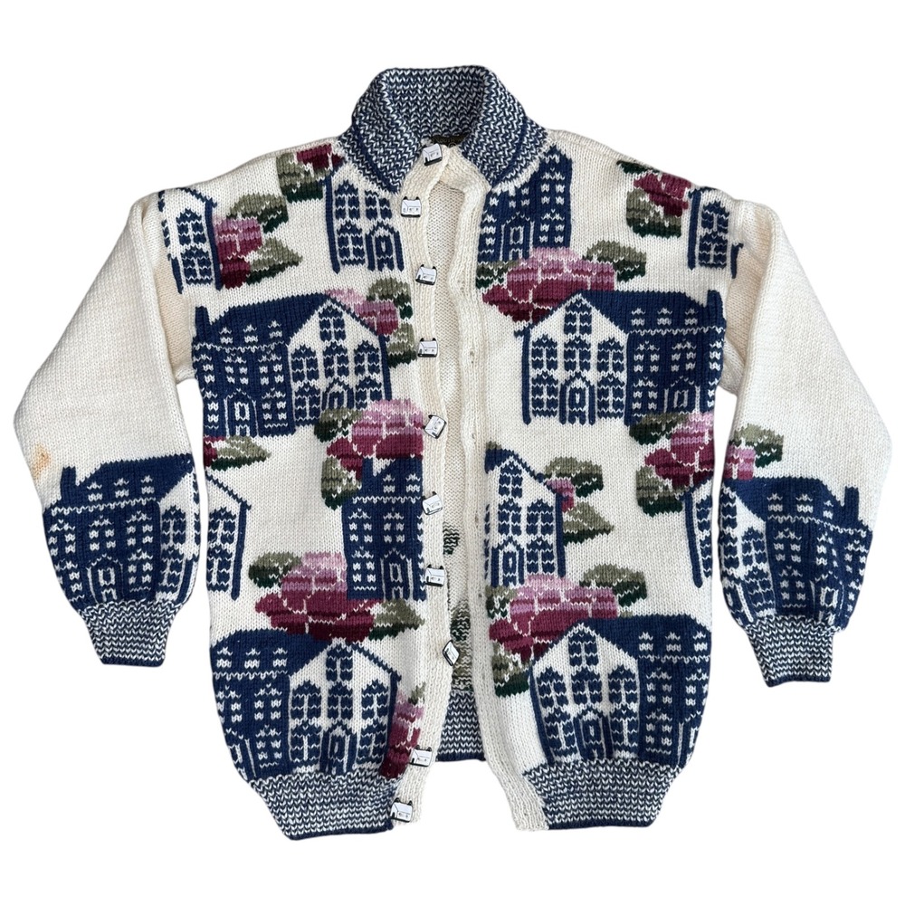 South Wool Cottage AOP Wool Knit Cardigan House Floral Small Cream Blue Pink 80s